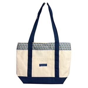 Vineyard Vines Canvas Tote Full Zip Closure Fully Lined Blue Cream Beach Errands